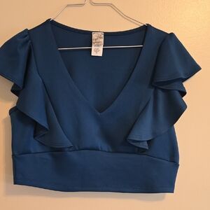 Elegant Blue Ruffle Sleeve Women's Top
